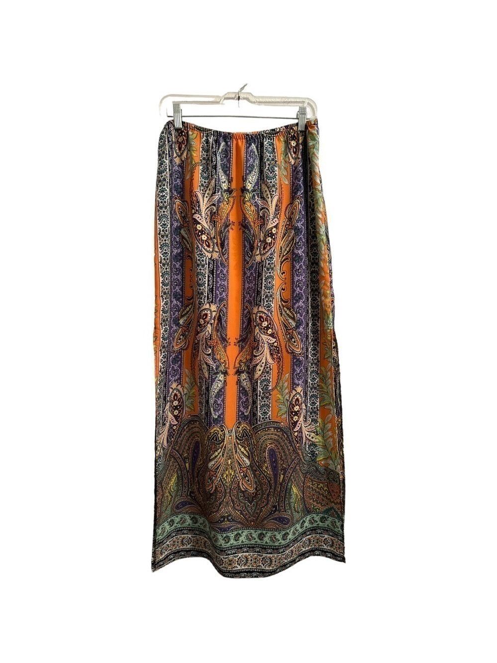 Tyche Maxi Skirt. Floral Paisley Stripes Slits on Sides, Orange, Purple. Large.